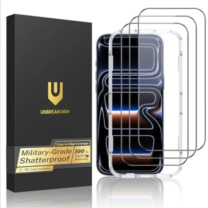 UNBREAKcable for iPhone 17 Pro Screen Protector, 3-Pack Full Coverage Tempered Glass [Military Grade Shatterproof] [9H Hardness] [Easy Installation] [Bubble Free] [99.99% HD Clear] for iPhone 17 Pro - size: iPhone 17 Pro