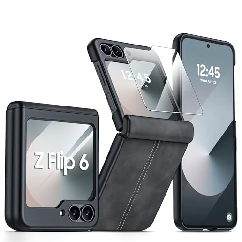 for Samsung Galaxy Z Flip 6 Case/Z Flip 7 FE Case with Hinge Protection & Built-in Screen Protector, Ultra Thin Leather Shockproof Cover Phone Case for Galaxy Z Flip 6/Z Flip 7 FE-Black Gary - color: Black, size: Z Flip 7 FE/Z Flip 6