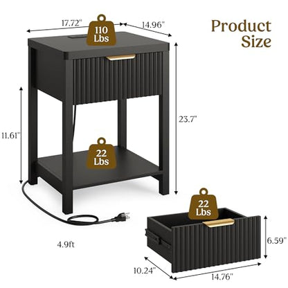 Night Stand Set 2, Fluted Wood Nightstands w/Charging Station for Bedroom - color: Black, size: 1 Drawer-Set of 2 Nightstand