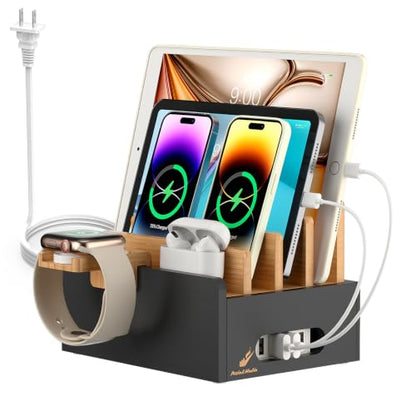 Pezin & Hulin Bamboo Charging Station with USB Charger&Cables-Natural+Black - color: Natural + Black(With Charger)