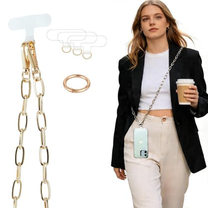Crossbody Phone Lanyard Chain Shoulder CellPhone Strap Phone Charm Neck Chain iPhone Holder 3 Pad Patche Tether Universal for iPhone 16 Pro Max 15 14 11 Samsung S24 Flip 5 Google Moto Gold - color: Gold