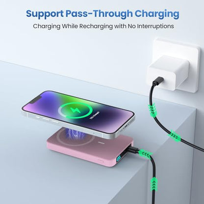 Magnetic Portable Charger 10800mah for Magsafe Battery Pack, Wireless Power Bank with USB C in&out PD Fast Charging,Travel Essential Phone Battery Charger For iPhone 17/16/15/14/13/12 Series-Pink - color: Pink