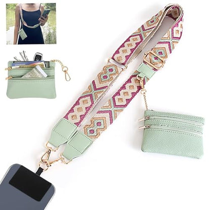 Clip and Go Strap for Phone with Wallet Crossbody, Adjustable Phone Strap with Wallet, Phones Straps with Zippered Pouch, Crossbody iPhone Straps for All Phones, Green-Purple - color: Green-purple