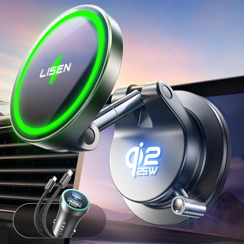 LISEN for Qi2 25W MagSafe Car Mount Charger for iPhone 18 Pro Max MagSafe Car Charger, Fast Wireless Charging Car Charger iPhone 18, Suction Phone Mount, for iPhone 18 Car Charger with 54W Adapter - color: Black