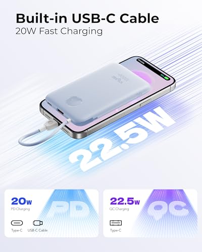 VIYISI Ultra Slim Portable Charger Small 10000mah with Built-in USB C Cable - color: Blue
