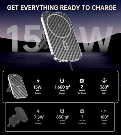 for MagSafe Car Mount Charger with Adapter, 360° Rotation Magnetic Wireless iPhone Car Charger for Air Vent, Compatible with iPhone 18/17/16/15/14/13/12 Pro Max Air Plus Mini (Carbon Black) - color: Carbon Black