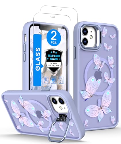 Dretal Magnetic for iPhone 11 Case Floral,Screen Protector,Built-in Lens Ring Stand,Military-Grade Protection,Translucent Matte Magnetic Shockproof Flower Pattern Case for Women Girls-Lilac Purple - color: Lilac Purple, size: iPhone 11 6.1"