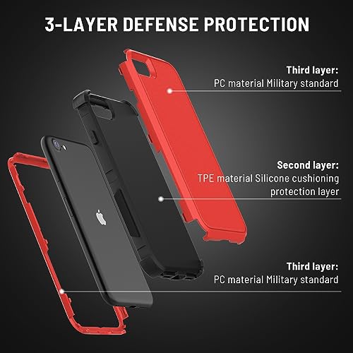 X-belmox Heavy Duty Phone Case for iPhone SE 2022 (3rd Gen) with Glass Screen Protector, 3 in 1 for iPhone SE 2020 Case [Shockproof] Rugged Protective [Drop Proof] iPhone 7/8 case 4.7" -Red/Black - color: Red/Black