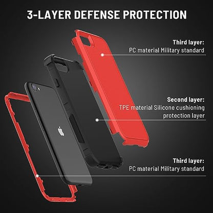 X-belmox Heavy Duty Phone Case for iPhone SE 2022 (3rd Gen) with Glass Screen Protector, 3 in 1 for iPhone SE 2020 Case [Shockproof] Rugged Protective [Drop Proof] iPhone 7/8 case 4.7" -Red/Black - color: Red/Black