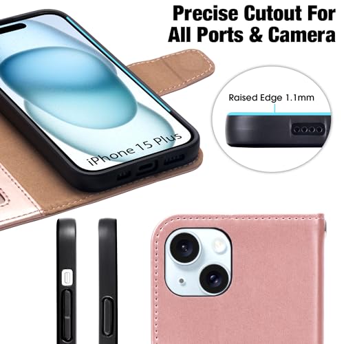 Arae Compatible with iPhone 15 Plus Case with Card Holder and Wrist Strap Wallet Flip Cover for iPhone 15 Plus 6.7 inch,Rose Gold - color: Rose Gold, size: iPhone 15 Plus 6.7 inch