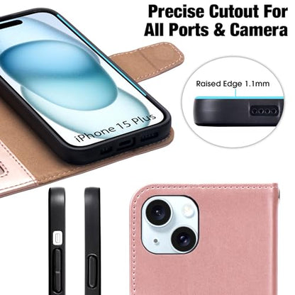 Arae Compatible with iPhone 15 Plus Case with Card Holder and Wrist Strap Wallet Flip Cover for iPhone 15 Plus 6.7 inch,Rose Gold - color: Rose Gold, size: iPhone 15 Plus 6.7 inch