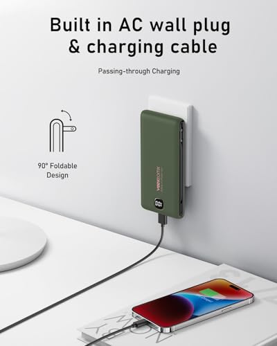 VEEKTOMX 10000mAh Portable Charger with Built-in Cables & Wall Plug - color: Dark Green