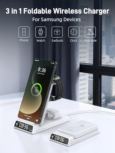 Wireless Charger for Samsung S25 with Clock 3 in1 Foldable Charging Station - color: White