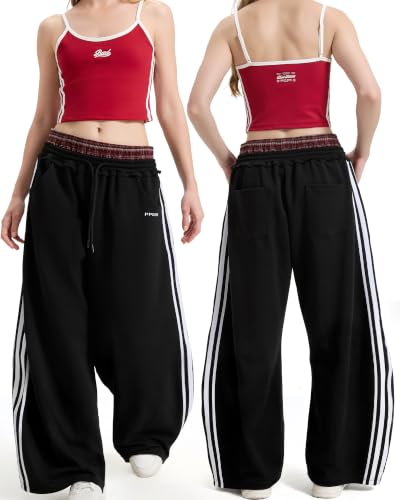 Women's Baggy Barrel Sweatpants, Double Waist Striped Wide Leg Pants - color: Black, size: Large