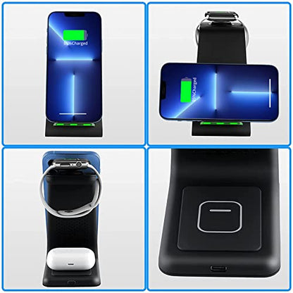 Wireless Charger iPhone,YOCUNKER 3 in 1 Qi Fast Wireless Charging Station Stand Dock for Multiple Devices Apple Watch Series 7/SE/6/5/4/3/2, Airpods 3/Pro/2,iPhone 14/13/12/11 Pro Max/X/XR (Black) - color: Black