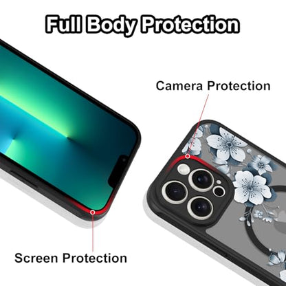Magnetic for iPhone 13 Pro Case,White Flower | [Compatible with MagSafe] Cute Fashion Translucent Matte Hard Back Shockproof Anti-Scratch Phone Case,Ink Flower - color: Ink Flower, size: iPhone 13 Pro