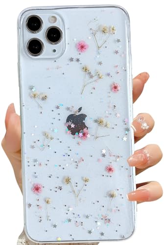 LSEEKA for iPhone 11 Pro Max Clear Case with Pressed Real Flowers Design,Glitter Cute Pink Floral Pattern Slim Soft TPU Protective Women Girl's Phone Cover for iPhone 11 Pro Max - color: Pink, size: for iPhone 11 Pro Max