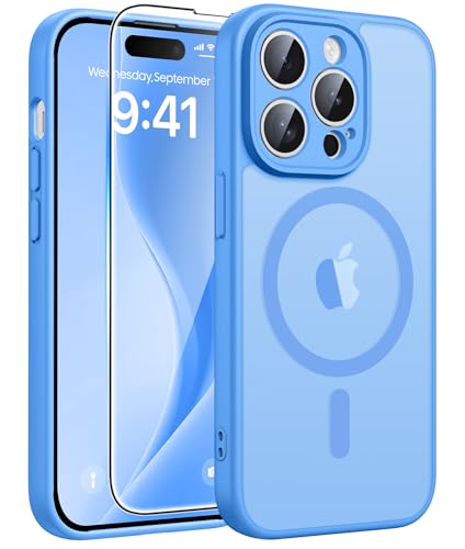 FNTCASE for iPhone 14 Pro Max Case, Fit for Magsafe, Glass Screen Protector | Full Camera Protection, Translucent Matte, 14FT Military Grade Drop Proof, Shockproof Protective Phone Cover, Ice Blue - color: Ice Blue, size: Iphone 14 Pro Max (6.7 Inch)