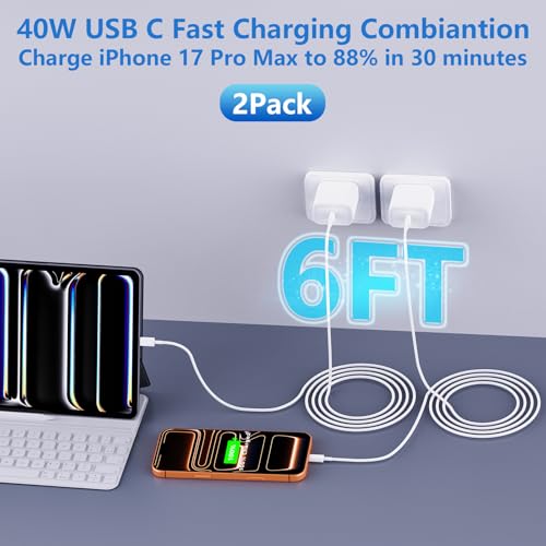 iPhone 17 Pro Max Charger Fast Charging, 40W Dynamic Power Adapter with 60W Max Woven 6FT USB-C Cable Data Sync for iPhone 17/Air/16/15 Plus/16/15 Pro Max/iPad Air mini Pro/AirPods Pro - size: 1 Pack