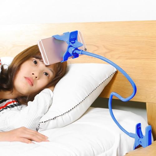 Gooseneck Cell Phone Holder - Flexible Adjustable Clamp for Desk, 360° Long Arm Mobile Phone Stand with Clip for Headboard & Bedside, Phone Stand Lazy Bracket Mount Clamp for Lazy Use in Bed (Blue) - color: Blue