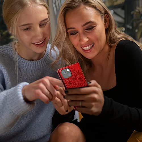 EYZUTAK Case for iPhone 14 Plus, Premium PU Leather Magnetic Flip Wallet Case with Card Holder Cash Slot Lanyard Strap Kickstand Function Embossed Mandala Flower Pattern Shockproof Cover - Red - color: Red, size: iPhone 14 Plus