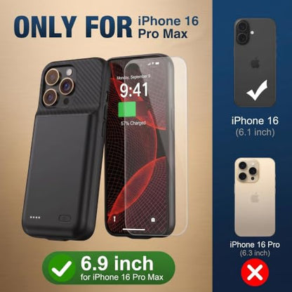 Battery Case for iPhone 16 Pro Max, Ultra-Slim Travel Portable Charging Case, 2026 Upgrade 7000 mAh Extended Battery Life, Premium Materials Rechargeable Charger Case Black