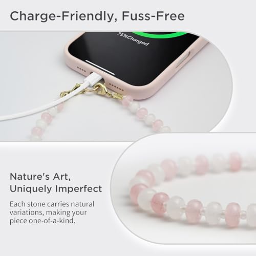 POSADINA Natural Stone Phone Charm, Beaded Healing Phone Wrist Strap, Handmade Cellphone Chain Lanyard with Tether Tab - color: Rose Moon