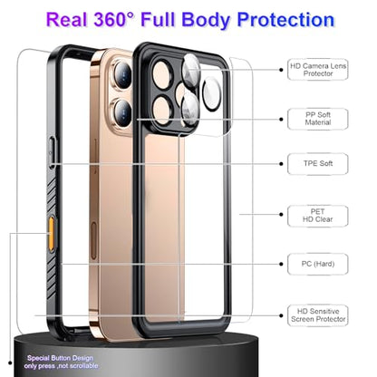 Compatible with iPhone 16 Pro Max Case Waterproof, Built-in Screen & Camera Protector IP68 Underwater Full Body 16FT Military Dropproof Shockproof Phone Case 6.9"-Black/Clear - color: Black, size: iPhone 16 Pro Max