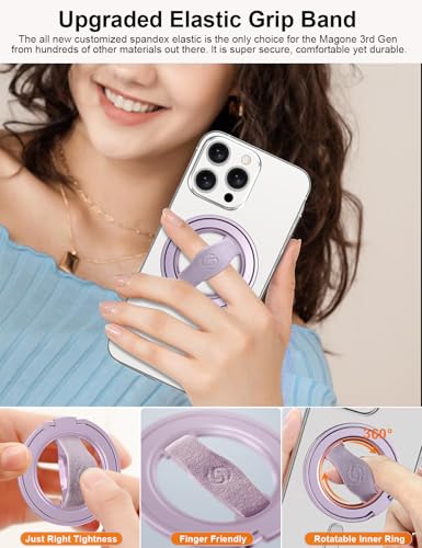 EWA MagOne 3rd Gen [Compatible with MagSafe] Phone Grip Stand with Finger Strap, Removable Magnetic Ring Holder Kickstand Loop for iPhone 17,16,15,14,13,12 Series (Purple) - color: Purple