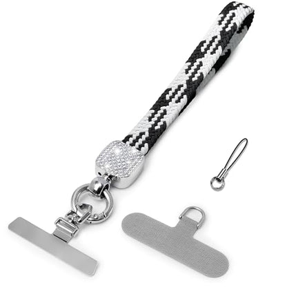 Elastic Phone Lanyard with Phone Tabs, Stretchy Braided Cellphone Wrist Strap and Keys Keychain - color: Thin Black-white