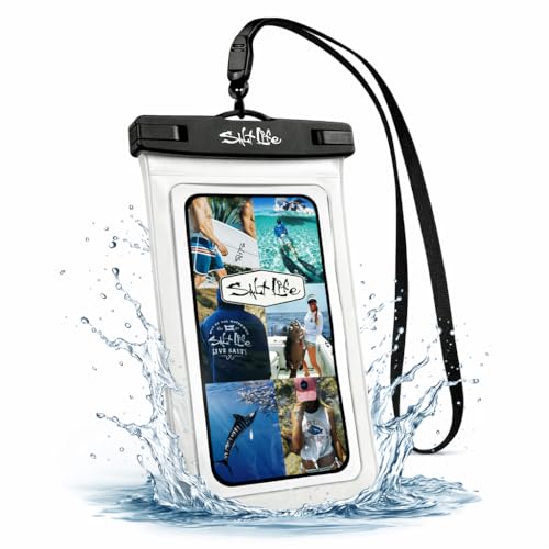 Salt Life Waterproof Phone Bag Sleeve – IPX8 100% Waterproof Protection, Universal Phone Pouch with Touchscreen Clear Window, Secure Seal Closure & Lanyard for Beach, Pool, Kayak & Travel (White) - color: White