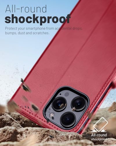 OCASE Compatible with iPhone 16 Pro Wallet Case, PU Leather Flip Folio Case with Card Holders RFID Blocking Kickstand [Shockproof TPU Inner Shell] Phone Cover 6.3 Inch 2024, Red | RFID Blocking, Flip Case, Magnetic Clasp, PU Leather Wallet Case, Kickstand