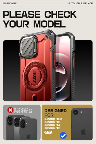 SUPCASE for iPhone 17e/16e Case with Camera Cover Stand, Red | Compatible with MagSafe, Built-in Kickstand, Military-Grade Protection, Magnetic Phone Case for iPhone 15/14/13, UBMag XT - color: Ruddy