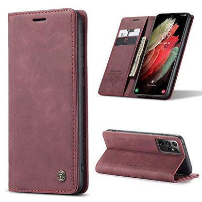 Kowauri Flip Case for Galaxy S21 Ultra - Leather Wallet With Card Slot and Magnetic Closure for Samsung Galaxy S21 Ultra 5G (Wine Red) - color: Wine red