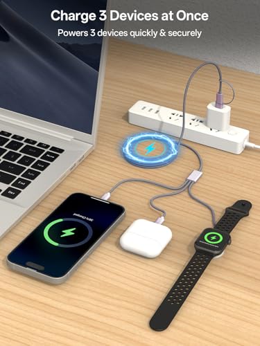 Travel Essentials for Apple Watch Charger, Multi Charging Cable for iPhone Charger, 3 in 2 USB C Cable Cord Compatible with iPhone 17-15 Series/Watch Ultra/10-1/Galaxy S25-20, iPad (Grey, 4FT)