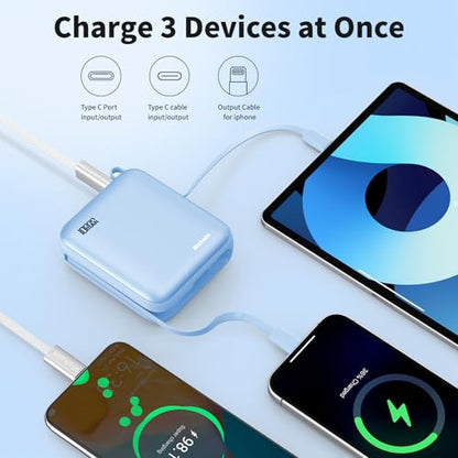 Hichain Mini Portable Charger with Built in Cables LED Display, Mini Power Bank 10000mAh 22.5W USB-C Fast Charging Portable Charger, Small Power Bank for iPhone Compatible with iPad & Android Blue - color: Blue