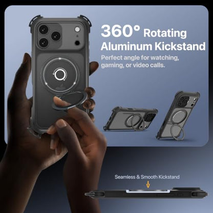 MAGEASY Odyssey Ultra MagSafe 360° Magnetic Stand iPhone 18 Pro & 17 Pro Crossbody Case with Strap for Men, 25ft Shockproof TPU + Aluminum Frame, Interchangeable Lanyard Eyelets (Midnight w/Kickstand) - color: Midnight w/ Kickstand, size: iPhone 18 Pro