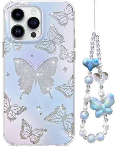 Abbery for iPhone 15 Pro Case Clear Glitter Butterfly Sparkle Design wtih Wrist Strap Cute Bling Aesthetic Protective Shockproof Women Girl's Blue Purple Phone Cover for iPhone 15Pro (Butterfly) - color: Butterfly, size: for iPhone 15 Pro