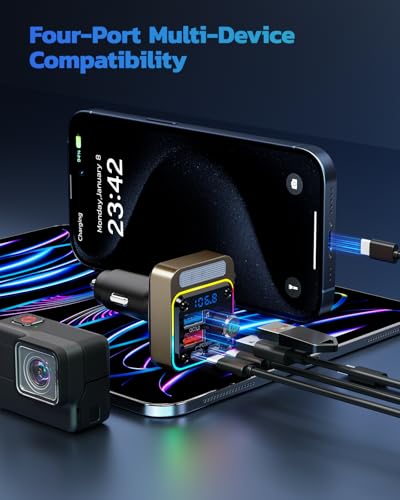 Nulaxy 54W Bluetooth 5.3 Car Adapter, FM Transmitter 4-Port Fast Charging - color: Gold