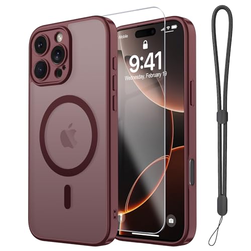 Magnetic Case for iPhone 16 Pro Case with Screen Protector+Wrist Strap | Compatible with MagSafe,Full Camera Protection,Slim Translucent Matte Phone Cover,Wine Red - color: Wine Red