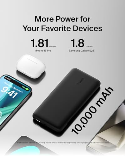 Belkin 10K 23W Portable Charger Power Bank, Integrated USB C and LTG Cables - color: Black