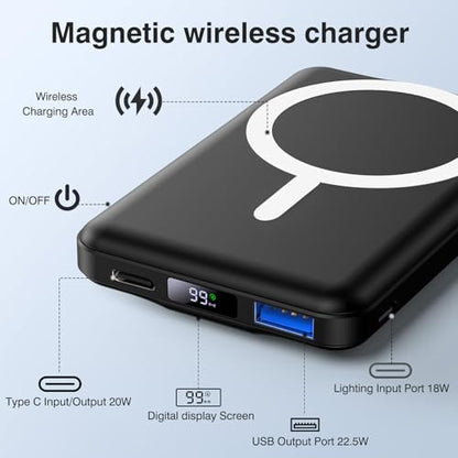 AOGUERBE for MagSafe Portable Charger, 10000mAh Magnetic Charger for iPhone - color: Obsidian Black