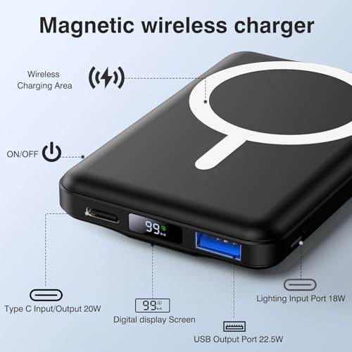 AOGUERBE for MagSafe Portable Charger, 10000mAh Magnetic Charger for iPhone - color: Obsidian Black