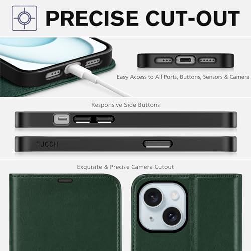 TUCCH Wallet Case for iPhone 15 (6.1") 2023, 4 Card Slots, Dark Green | RFID Blocking, Viewing Stand, Shockproof TPU Shell, PU Leather, Magnetic Closure, Protective Folio Flip Cover - color: Green