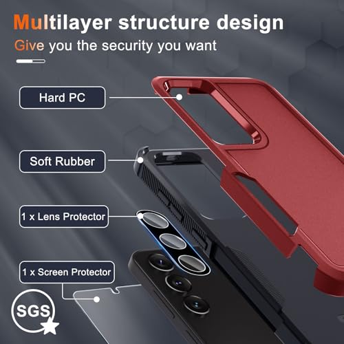 Case for Samsung Galaxy S24 FE, Full Body Heavy Duty Rugged Shockproof Protective Phone Cover with Lanyard Strap, Tempered Glass Screen Protector and Camera Lens Cover, Red | Rugged Shockproof Protective Case,with Tempered Glass Screen Protector + Camera
