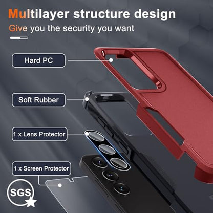 Case for Samsung Galaxy S24 FE, Full Body Heavy Duty Rugged Shockproof Protective Phone Cover with Lanyard Strap, Tempered Glass Screen Protector and Camera Lens Cover, Red | Rugged Shockproof Protective Case,with Tempered Glass Screen Protector + Camera
