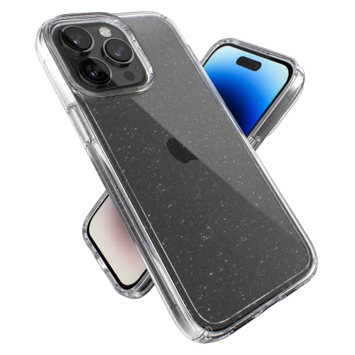 Speck Clear iPhone 14 Pro Max Case - Drop Protection with Scratch Resistant Dual Layer Slim Phone Case for 6.7 Inch iPhones 14 Pro Max - Anti-Yellowing & Anti-Fade Case - Platinum Glitter GemShell - color: Clear/Clear W/Platinum Glitter