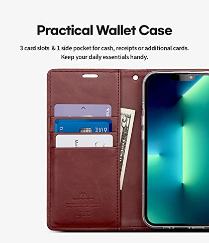 GOOSPERY Bluemoon Wallet Compatible with iPhone 13 Pro Max Case, Premium PU Leather Standing Feature Flip Card Holder Phone Cover (Wine) - color: Wine, size: iPhone 13 Pro Max