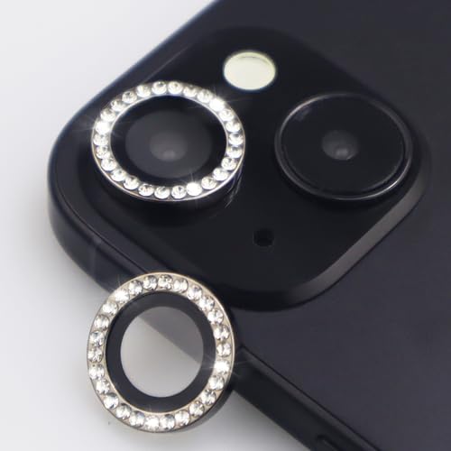 Camera Lens Protector for iPhone 15/15 Plus/14/14 Plus Bling Diamond Metal Ring Rhinestone Tempered Glass Lens Cover Accessories (Black) - color: Black