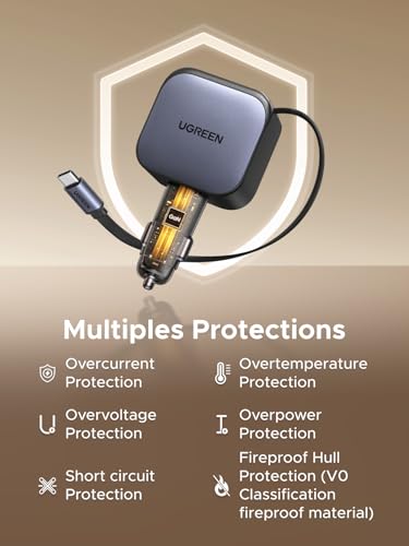 UGREEN 90W 3-Port Retractable Car Charger with 60W Retractable Cable